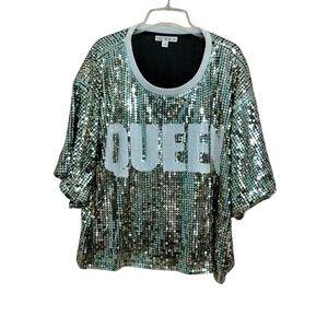 Say What? Sequin Queen Top - Silver and White 3X